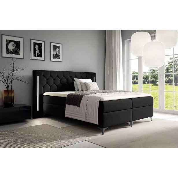 Vysoká manželská postel 160x220 ELIANE s LED osvětlením - černá + topper ZDARMA
