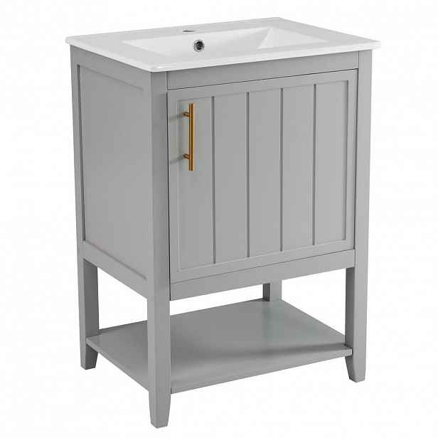 Modfu KOUPELNOVÁ skříňka s keramickým umyvadlem z MDF 60x47x87 cm šedá s policí a úložným prostorem