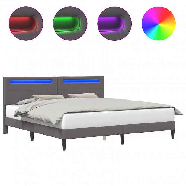 vidaXL Rám postele s LED pásky s čelo Šedá 200 x 200 cm Umělá kůže