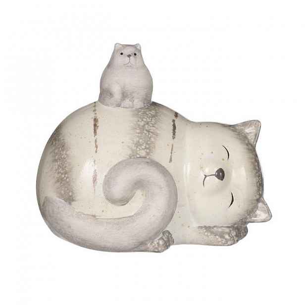 Kočka s kotětem ležící terakota mix šedá 12,5cm