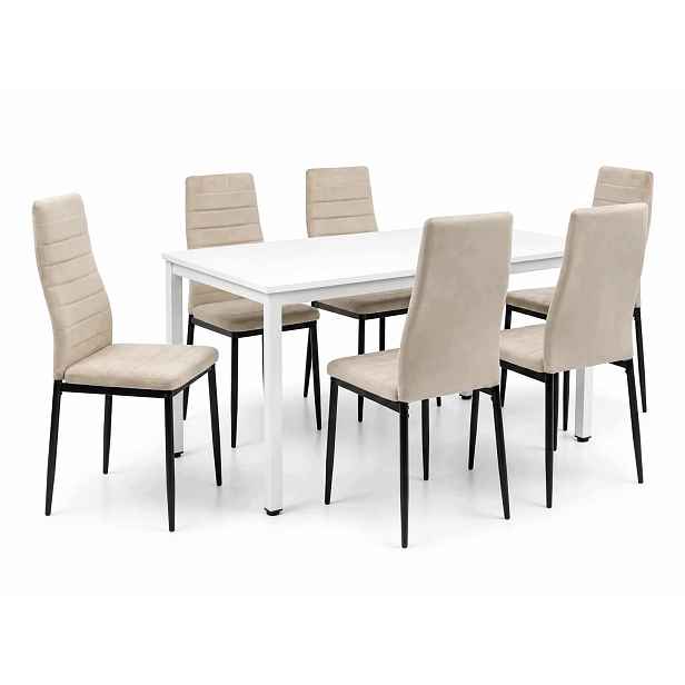 Jídelní set stůl 120x60 cm v loftovém stylu, bílý 6 béžových sametových židlí Axell