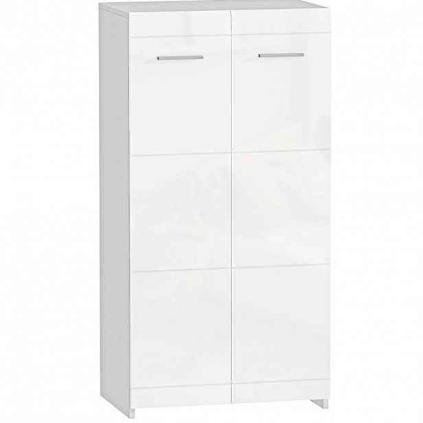 Modfu BOTNÍK z dřevotřísky 55x36x108 cm lesklá bílá s nastavitelnými policemi a dvířky pro 10 párů obuvi