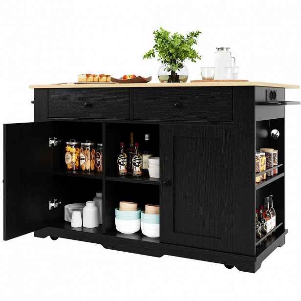 Modfu KUCHYŇSKÝ ostrůvek z MDF a kovu 151,5x59,7x91,7 cm černá/přírodní se zásuvkami, sklopnou deskou a kolečky