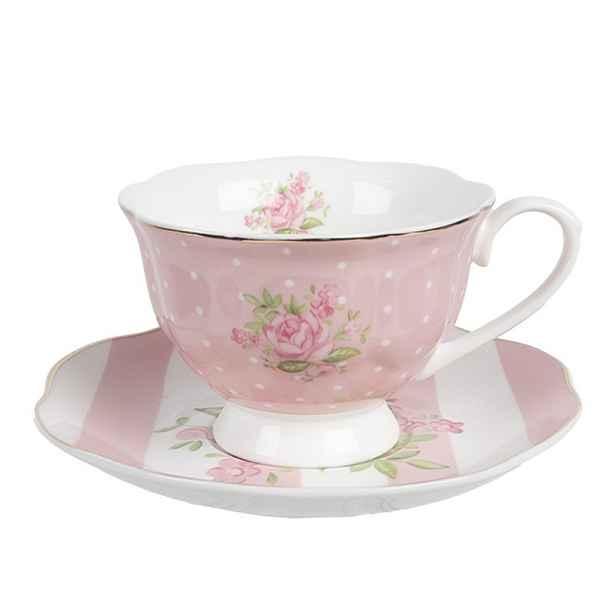 Bílo-růžový šálek a podšálkem s růžičkami Sweet Roses - 12*9*6 cm / Ø 14*2 cm / 200 ml Clayre & Eef