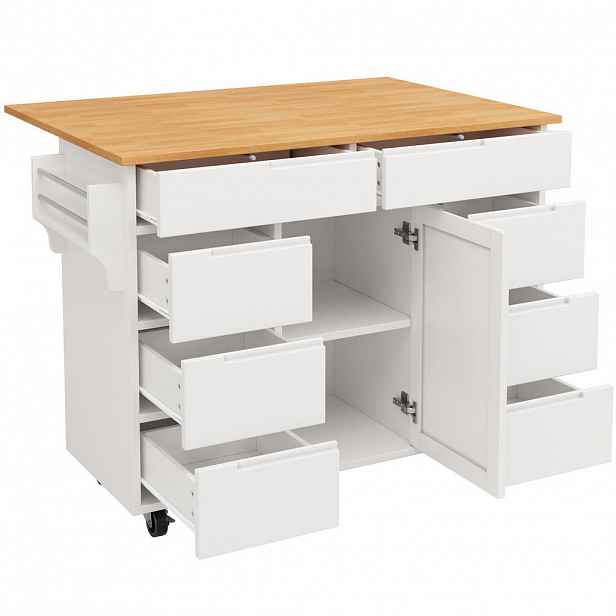 Modfu KUCHYŇSKÝ vozík z MDF 122x46x91,5 cm bílý se skládací deskou, 8 zásuvkami, policí a kolečky s brzdou