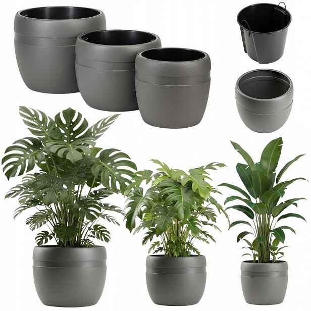 Set Zahradních Květináčů Šedé, plastové květináče s vložkou na terasu, obal