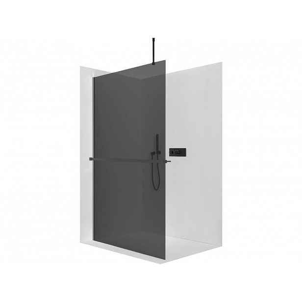 Sprchová zástěna Walk-in Onyx Top Round L/P - 10 mm - kulatá vzpěra + polička/držák na ručníky - černá matná, grafitové sklo - 160x200 cm