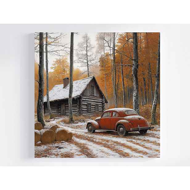 Obraz Na Plátně Canvas Zima Sníh Les Dům Chatka Auto Vintage 60x60