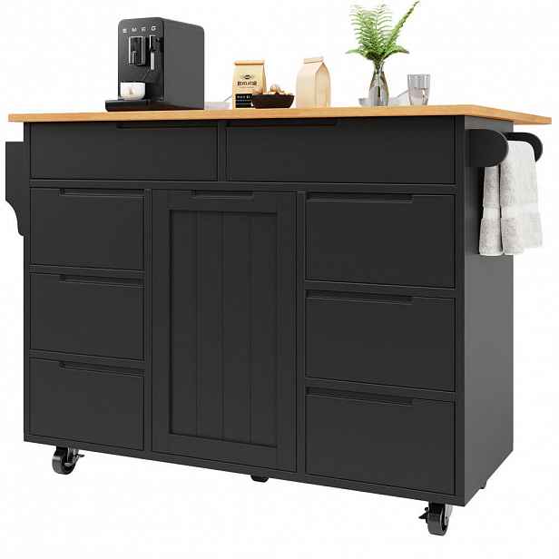 Modfu KUCHYŇSKÝ ostrůvek z MDF 122x74x91,5 cm černý se sklápěcí deskou, 8 zásuvkami a kolečky