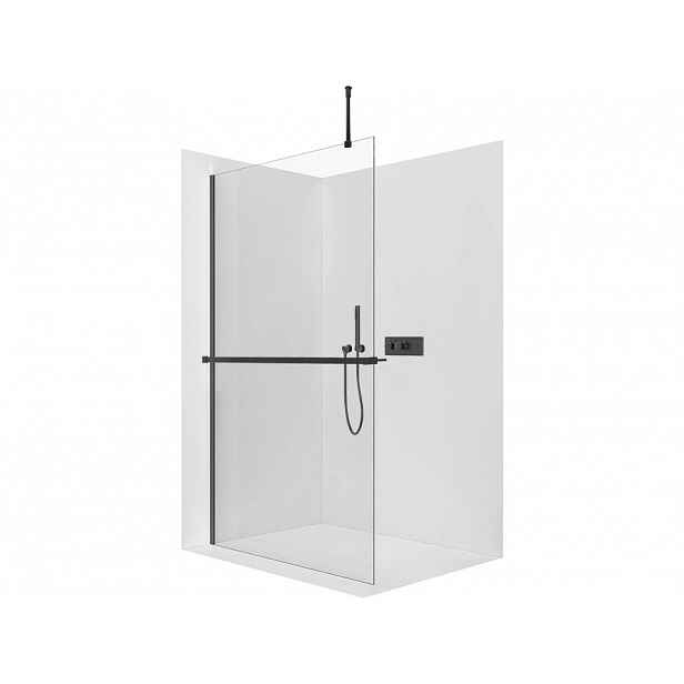 Sprchová zástěna Walk-in Onyx Top Round L/P - 10 mm - kulatá vzpěra + polička/držák na ručníky - černá matná, transparentní sklo - 110x200 cm