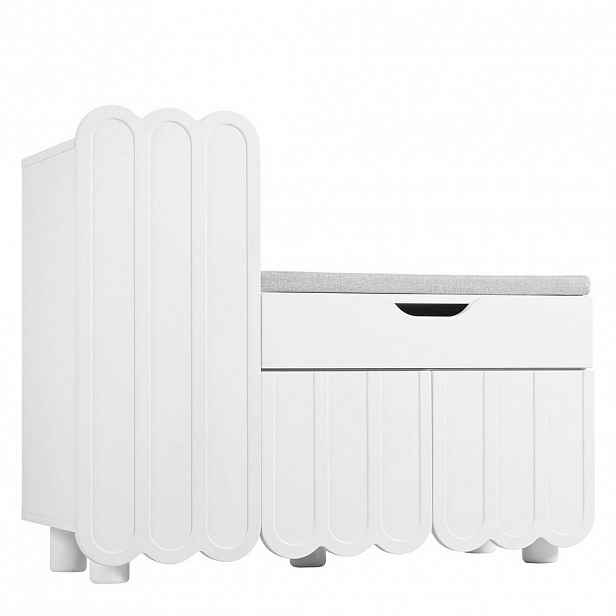 Modfu BOTNÍK z MDF 90x35x74,5 cm bílý s polstrovaným sedákem, zásuvkou a 3 dvířky