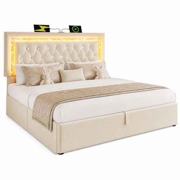 STILVORA ČALOUNĚNÁ POSTEL 160/200 cm béžová sametová, úložný prostor, LED, USB, Type-C