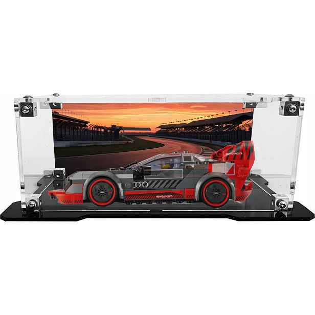 Vitrína s černou základnou a pozadím pro stavebnici Lego 76921 Audi S1 E-tron
