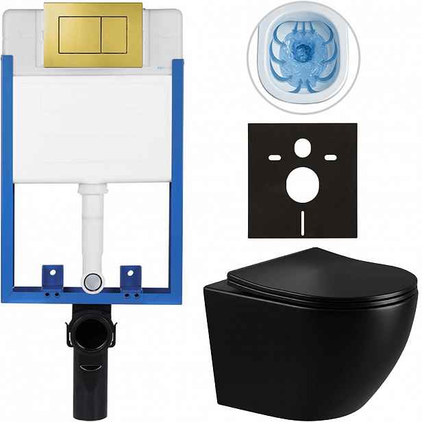 Kompletní WC set Profi/Cesso - černá lesklá - WC tlačítko Classic/Zlatá - pro zazdění - 49x36 cm