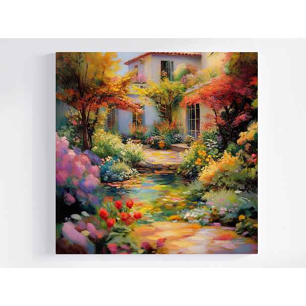 Obraz Na Plátně Canvas Krajina Příroda Dům Zahrada Rostliny Květiny Rybník 50x50