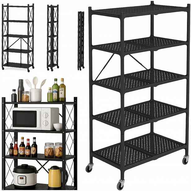 Skládací regál skladový kovový na kolečkách černý 5 Polic 72x34x159 Loft