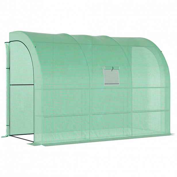 Modfu FÓLIOVNÍK z plastu 300x150x213 cm zelený s regály, oknem a dveřmi na zip