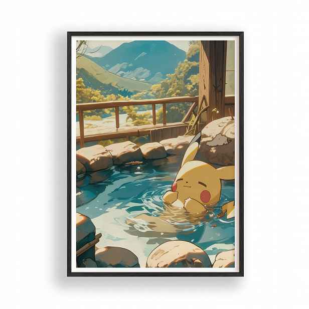 Obraz Pokémon Pikachu Onsen Plakát Rámeček Dřevěný Černý 30x42 cm