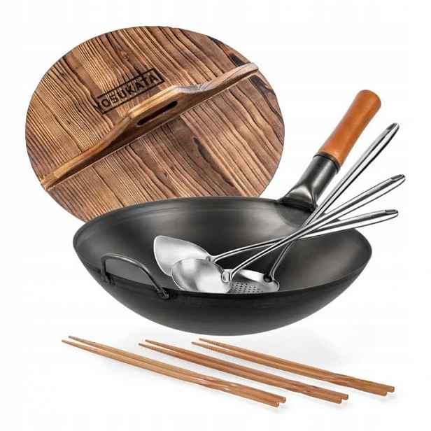 Yosukata Wok Kulaté dno 36 cm Sada Dřevěné víko Příslušenství Plyn