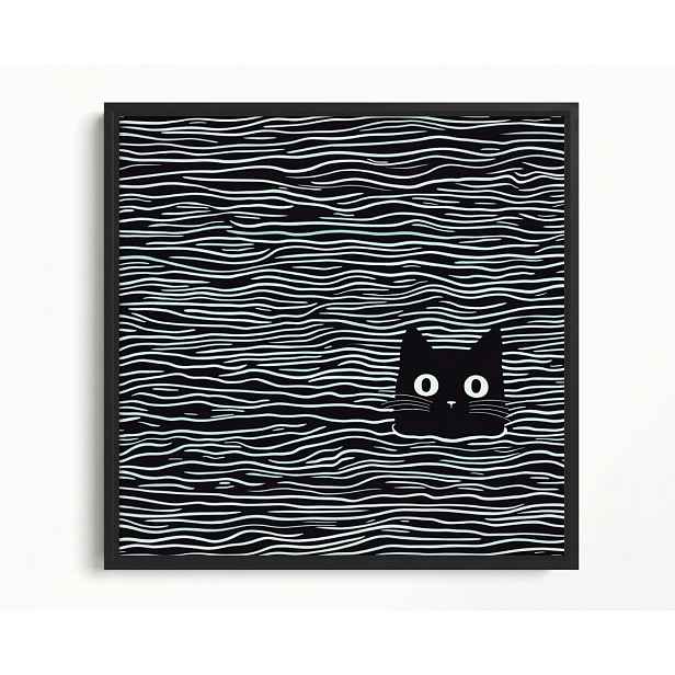 Obraz Rám Americký Box Grafika Minimalismus Vlny Černý Bílý B&w Kočka 60x60