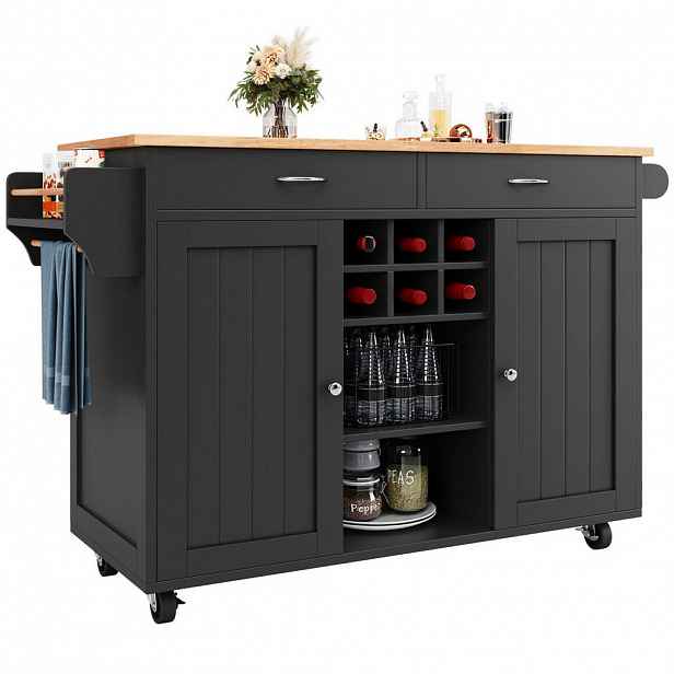 Modfu KUCHYŇSKÝ ostrůvek z MDF a kovu 102x45x92 cm černý s kolečky, vinotékou a nastavitelným úložným prostorem