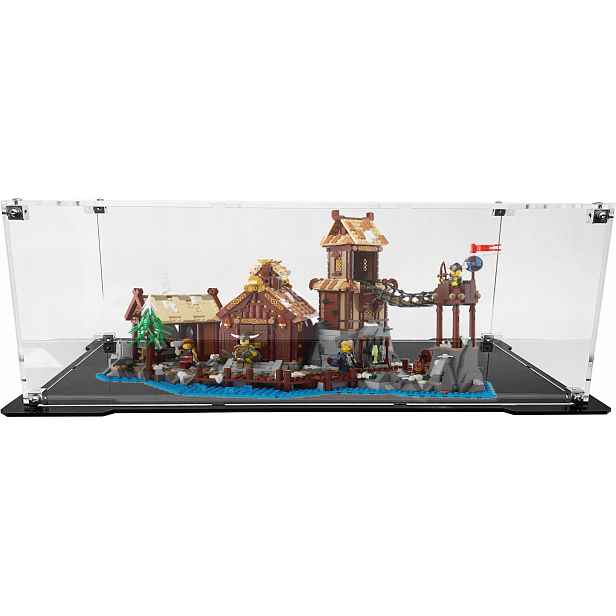 Vitrína s černou základnou pro stavebnici Lego 21343 Ideas – Vikingská vesnice