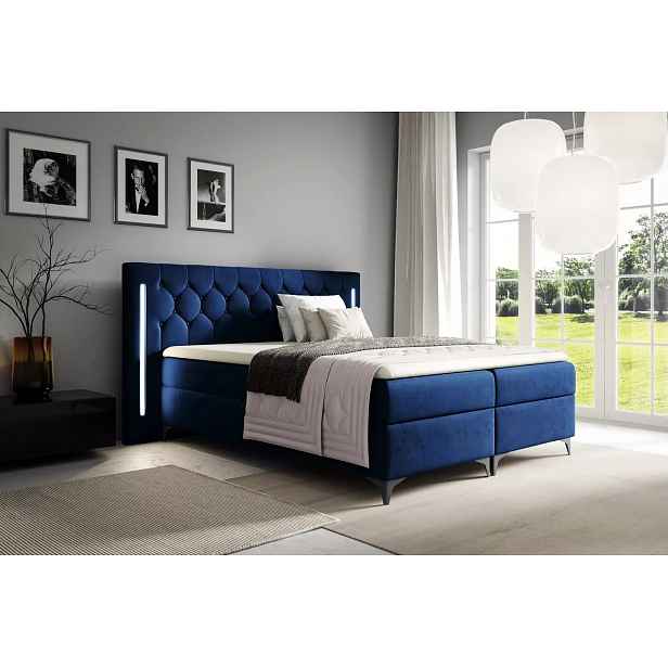 Vysoká manželská postel 200x220 ELIANE s LED osvětlením - tmavě modrá + topper ZDARMA