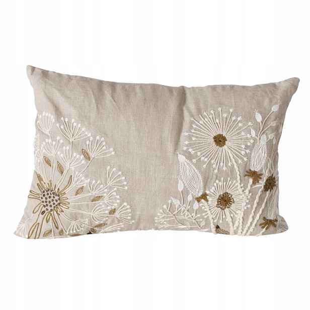 Polštář Béžový S Podlouhlým Květinovým Vzorem Finna 100% Len 60X39 CM