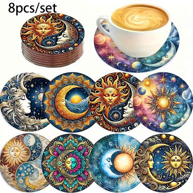 TEMU 8ks Boho Dřevěná Podložka pod Nápoje Sada Vhodná pro Večírky & Dárky k Novému Bydlení - Dřevěné Mandala Podložky se Sluncem & Měsícem,