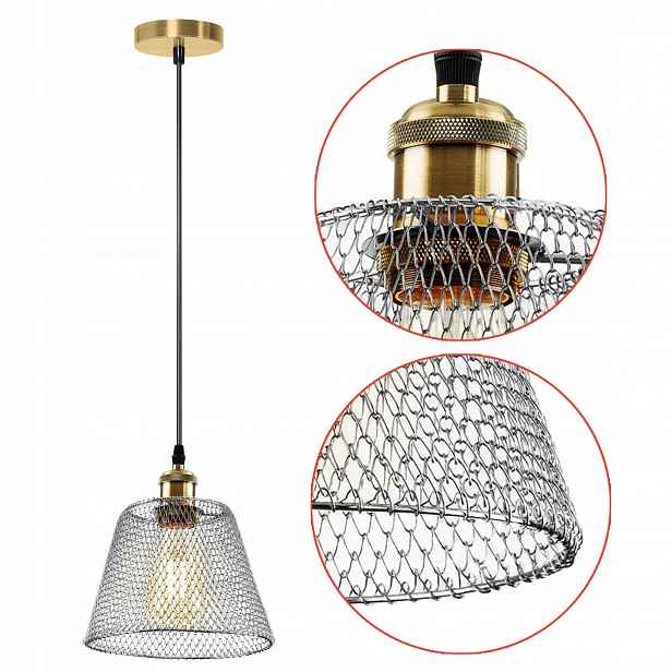 Závěsná drátěná lampa, ažurová, chrom, lustr, kovový, E27