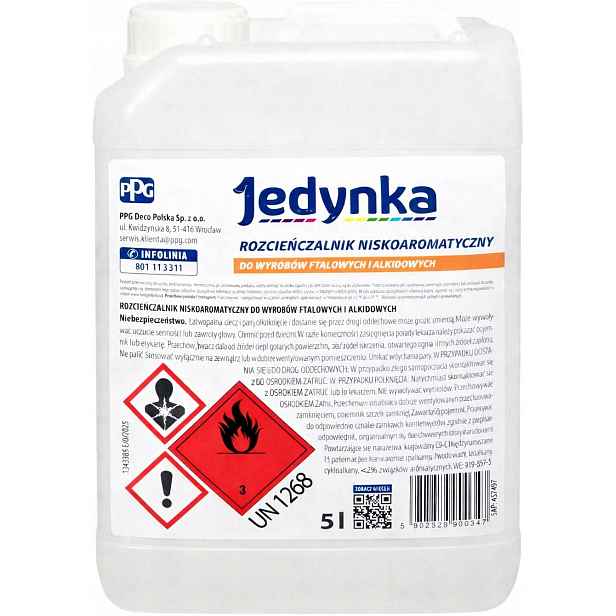 Jedynka S Nízkoaromatickým Ředidlem Pro Ftalové A Alkydové Výrobky 5 L