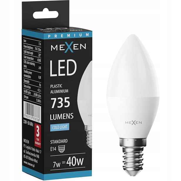 Mexen Nova Led Žárovka E14 C37 7W Studená Bílá 6500K 735 LM