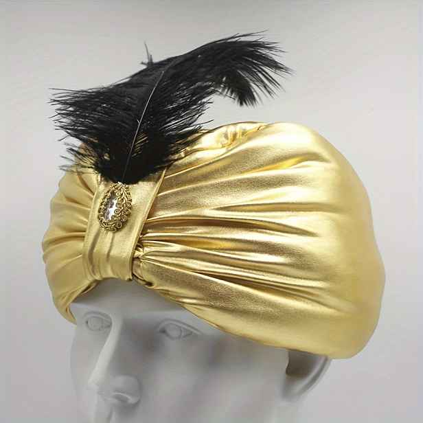 TEMU 1 ks Boho styl smíšený netkaný arabský turban s peřím a šperkovými detaily pro halloweenské a velikonoční sváteční pokrývky hlavy