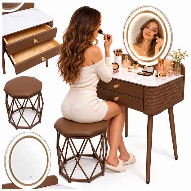 Toaletní Stolek Kosmetický se zrcadlem pro Led make-up, 3 barvy, stolička 2 zásuvky
