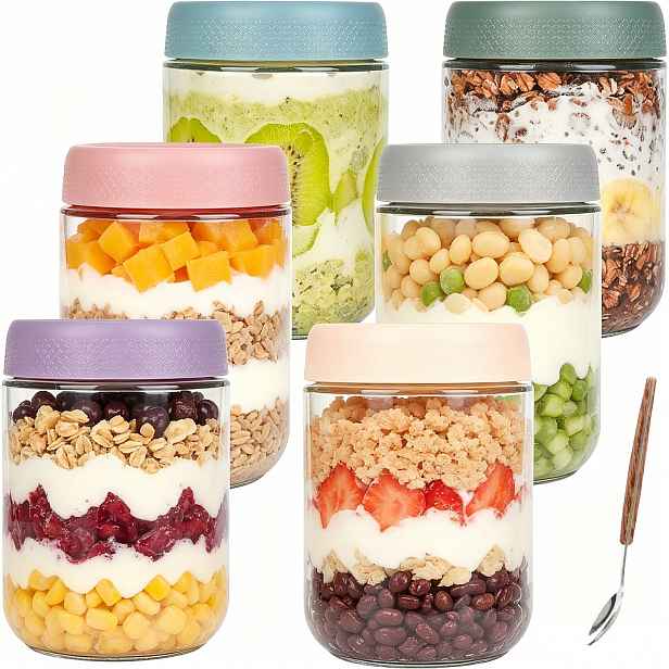 6 Ks kelímků na jogurt Vločky Sada 4 ks s víčkem 500 ml ovesná kaše Fit