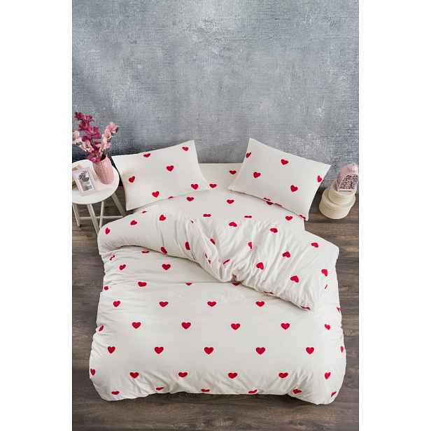 Krémové 4dílné prodloužené povlečení na dvoulůžko z bavlny Renforcé s prostěradlem 200x220 cm Mini Hearts – Mila Home