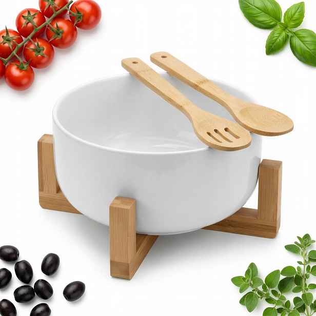 Miska Na Salát Grilovaná Salátová Mísa 21 CM Porcelánová Bílá Bambusová Sada