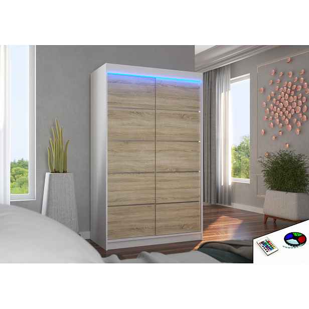 Úzká šatní skříň 120 cm s LED osvětlením JABRA - bílá / dub sonoma