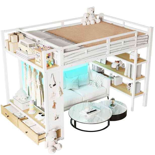 OKWISH PATROVÁ postel 140/200 cm bílá z MDF a kovu s úložným prostorem a LED diodou