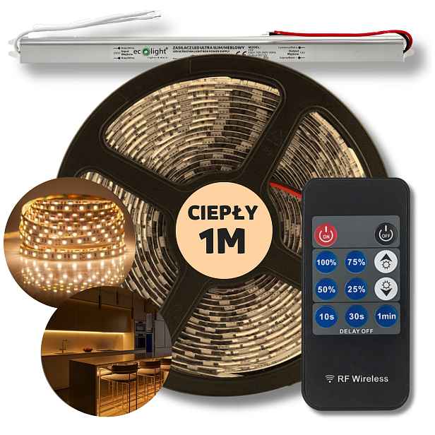 Set 1 m Pásek Led lišta Smd bílá teplý napájecí zdroj dálkový ovladač 12 V