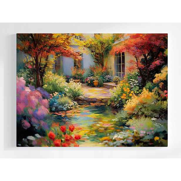 Plakát Krajina Příroda Dům Zahrada Rostliny Květiny Rybník 100x75