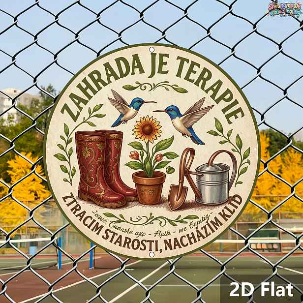TEMU 2D plochá hliníková cedule s vintage zahradním designem, zahradním nářadím, kolibříky a slunečnicemi. Obsahuje inspirativní citáty v češtině o