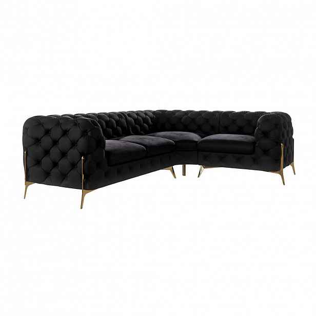 S-Style CHESTERFIELD ROHOVÁ SEDAČKA Lexi z černého sametu se zlatými nohami - otomán vpravo