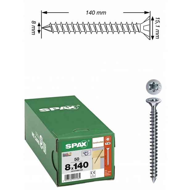 Univerzální šroub Wirox Tx 8 x 140 mm s plným závitem 50 ks