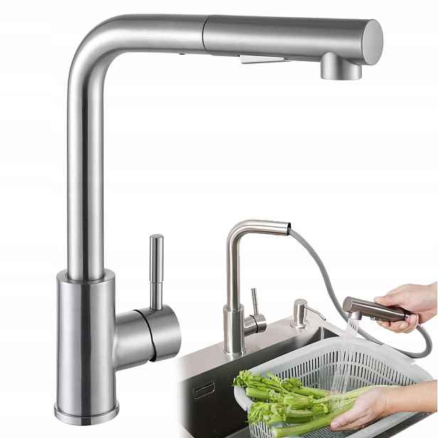 Kuchyňská Baterie Nikl Kartáčovaná Inox Vytahovací Sprcha Vysoká Otočná