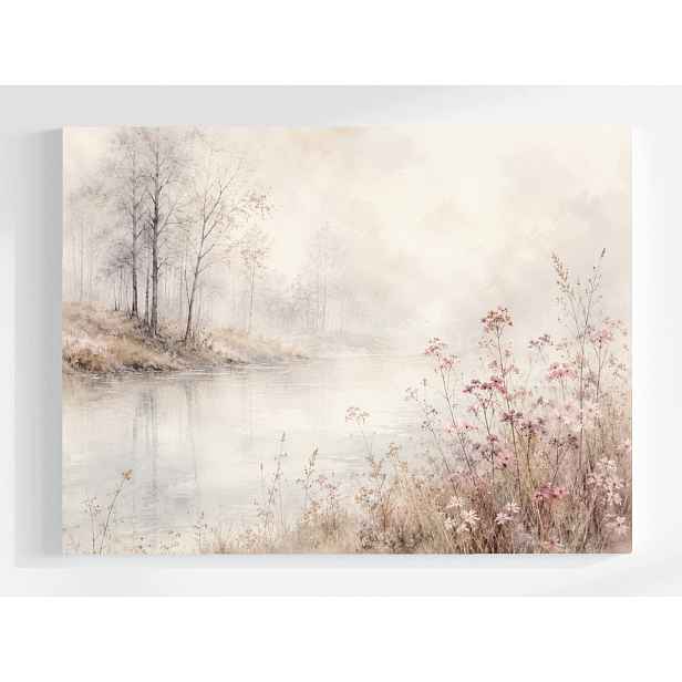 Obraz Na Plátně Canvas Krajina Pohled Řeka Mlha Stromy Růžové Květy 80x60