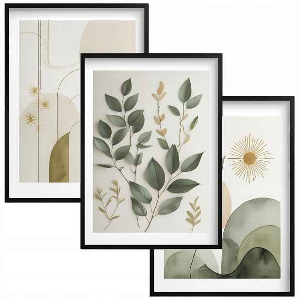 Plakáty v rámečcích Triptych do obývacího pokoje Listy Boho Zeleň Béžová Japandi 30x40