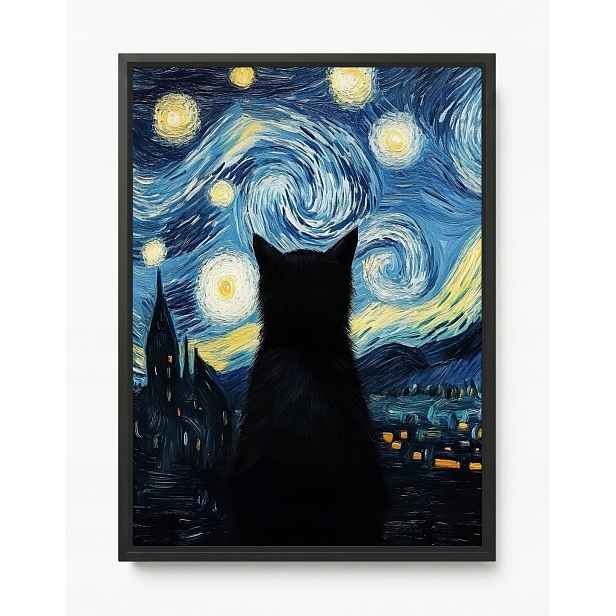 Obraz Rám American Box Van Gogh Styl Hvězdná Noc Černá Kočka 60x80