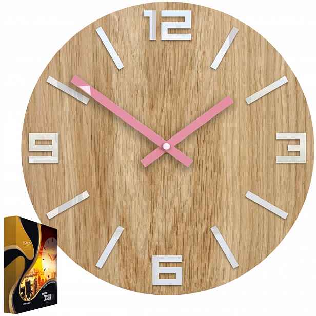 Nástěnné hodiny Dubový Dřevěný Quartz Arabic Wood White&Pink