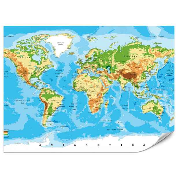 Muralo FOTOTAPETA do Obývacího Pokoje Fyzická Mapa Světa Nápisy 250x175